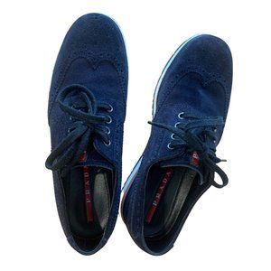 BLUE SUEDE PRADA LACE UP SNEAKERS